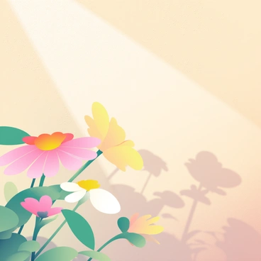 Shadows of blooming flowers are delicately cast on a textured wall, illuminated by the soft afternoon sunlight. The wall has a warm beige color, enhancing the contrast with the darker shadows. The flowers, in various shades of pink, yellow, and white, are positioned in the foreground, their petals softly rustling in a gentle breeze. The sunlight filters through the petals, creating intricate shapes and patterns on the surface of the wall. The scene conveys a sense of calm and tranquility, filled with the beauty of nature.
