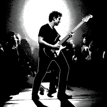 A guitarist stands center stage, gripping a sleek electric guitar. The guitarist has short, tousled hair and a look of intense concentration on their face. Their eyes are narrowed as they focus on the music, with their mouth slightly open as if caught in the moment of creating sound. Bright stage lights illuminate the scene, casting dramatic shadows across their body and highlighting their posture. The crowd is blurred in the background, emphasizing the guitarist's performance. The floor beneath them reflects the stage lights, creating a dynamic atmosphere.