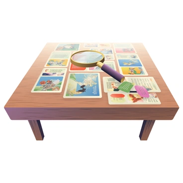 A rustic table covered with old and weathered trading cards and a magnifying glass