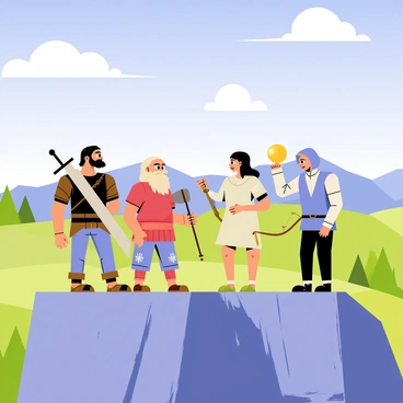 A group of four adventurers standing on a rocky cliff. The first adventurer is a tall warrior with a shining silver sword strapped to their back, wearing a mix of leather and chainmail armor. The second adventurer is a short, stocky dwarf with a bushy beard, holding a sturdy axe in one hand and wearing a red tunic. The third adventurer is a nimble elf with long, pointed ears, dressed in light, green robes and holding a bow. The last adventurer is a hooded mage, peering into a glowing crystal orb. Below them lies a sprawling landscape of green forests, rolling hills, and distant mountains, under a clear blue sky filled with fluffy white clouds. The adventurers gaze with determination, ready to embark on their journey.