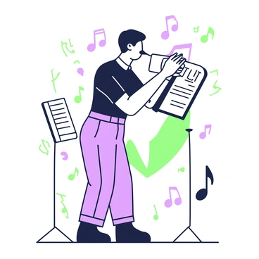 A musician is standing on a stage, playing a wind instrument passionately. The musician is wearing a fitted black shirt and tailored trousers. Their face shows concentration as they blow into the instrument, with their diaphragm visibly engaged, enhancing the airflow. Around them, there are scattered notes and a music stand holding sheets of music. The stage is illuminated, highlighting the musician and the instrument, while shadows create depth around the scene.