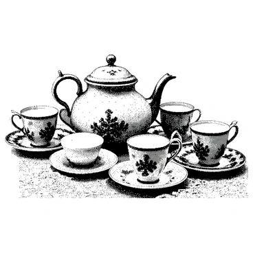 A vintage tea set is arranged neatly on a lace tablecloth. The set includes a teapot, cups, saucers, and a sugar bowl, all featuring intricate fern patterns. The delicate lace of the tablecloth showcases fine details, enhancing the elegance of the tea set. The teapot is the centerpiece, with a beautifully curved spout and a matching lid. Each cup and saucer is placed carefully beside the teapot, demonstrating a harmonious arrangement. The overall scene captures a sense of nostalgia and refinement.