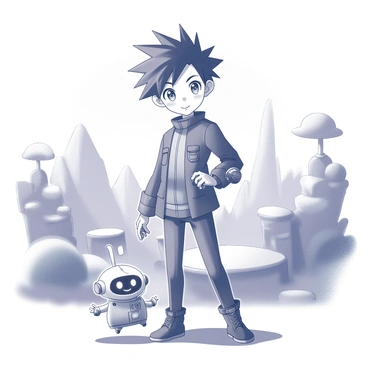 A young anime protagonist stands confidently at the forefront of the scene. They have spiky hair and expressive eyes, dressed in a stylish outfit adorned with various gadgets and accessories. Beside them is a small, cute robotic companion, featuring a round body, oversized eyes, and tiny limbs, with a cheerful expression. The companion hovers slightly above the ground, emitting a soft glow. The background depicts a vibrant landscape filled with various fantastical elements, such as towering trees, floating islands, and distant mountains, indicating a realm of adventure waiting to be explored.