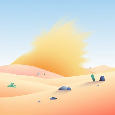 A vast desert landscape is depicted with rolling dunes under a clear blue sky. In the foreground, a powerful sandstorm is forming, creating a swirling wall of golden sand that rises dramatically into the air. The movement of the sand is visible, with grains flying in various directions. Small rocks and sparse vegetation are scattered across the foreground, partially obscured by the encroaching storm. The light from the sun casts subtle shadows on the sand, enhancing the texture of the dunes. In the distance, the horizon is blurred with the dust of the storm.