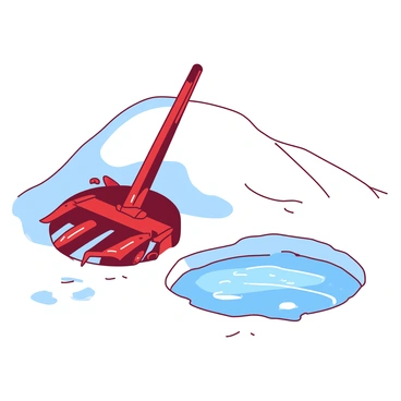 A red vintage hand-crank ice auger is leaning against a white snowy mound. The auger features a worn wooden handle and sharp metal blades, reflecting its age. Beside it, there is a circular ice hole in the snow, with clear, glistening ice visible beneath the surface. The surrounding snow is pristine and slightly undisturbed, showcasing small footprints leading towards the hole. Soft sunlight casts subtle shadows, enhancing the texture of the snowy landscape.