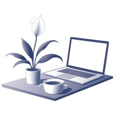 A peace lily with broad, dark green leaves, positioned prominently on a wooden desk. The plant stands in a simple pot, adding a touch of nature to the workspace. Beside the peace lily, there is a sleek laptop with its screen open, showcasing a blank document. A white ceramic cup filled with steaming coffee rests next to the laptop, with wisps of steam rising gently from its surface. The wooden desk has a warm finish, adding texture and warmth to the scene.