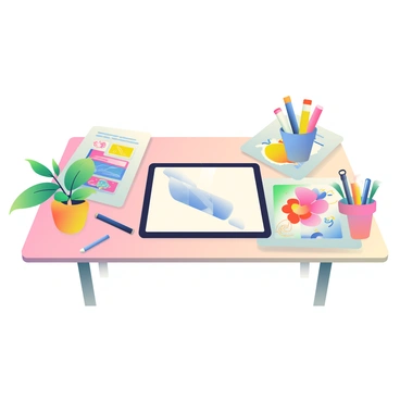A vibrant desk is filled with various art supplies and objects. In the center, there is a large drawing tablet with a stylus resting nearby. Surrounding the tablet are colorful sketches featuring various designs, with some half-finished artwork scattered across the desk. A few potted plants with green leaves add a touch of nature to the setup, creating a lively atmosphere. The desk itself is made of light wood, and there are small containers filled with markers, pencils, and brushes placed on one side, showcasing the illustrator's tools.