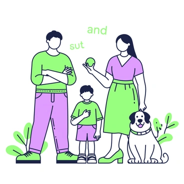 A family portrait featuring four members, each representing a different conjunction. On the left, a person symbolizes "and" by standing confidently with arms crossed, wearing a green shirt and purple pants. Next to them, another member represents "but," depicted with one hand on their hip and a thoughtful expression, dressed in a purple blouse and green skirt. In the center, a child embodies "or," playfully holding a green ball in one hand while pointing with the other, dressed in a green t-shirt and purple shorts. Finally, on the right, a family pet symbolizes the conjunction "yet," sitting proudly with a collar, exuding charm. The background is a simple setting, with a few plants that add visual interest.