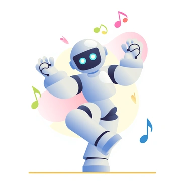 A small, humanoid robot with a shiny silver exterior is in the center of the image, performing a playful dance routine with smooth, fluid movements. The robot has bright blue eyes that light up as it dances, and its arms are raised in an energetic pose. Surrounding the robot are colorful musical notes floating in the air, emphasizing the rhythm of its performance. The ground beneath the robot is a polished wooden surface, reflecting its movements. In the background, there are soft, playful shapes and patterns, enhancing the vibrant atmosphere of the scene.