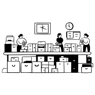 A long assembly line filled with identical boxes being packed by workers in uniforms. The workers are arranged along the line, all focused on their tasks with indifferent postures. Each worker has their hands occupied with the boxes, while some are filling them, and others are sealing them shut. The assembly line is well-organized, with boxes moving on a conveyor belt and empty boxes stacked nearby. A clock hangs on the wall, indicating the time, while a large sign overhead reads "Production Line."