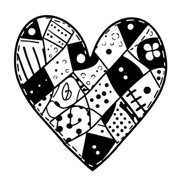A heart shape composed of various stitched fabric pieces, each displaying distinct patterns such as stripes, polka dots, floral designs, and geometric shapes. The edges of the fabric pieces are neatly sewn together, creating a textured appearance. The heart is centrally positioned on a plain background, emphasizing its intricate details and the diversity of the patterns used in its construction.