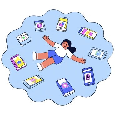 A person is floating peacefully on a vast sea composed entirely of smartphones, with various screens shining brightly. Each smartphone is displaying a different app, showcasing colorful icons and vibrant designs. The devices are arranged in a way that resembles gentle waves, creating an illusion of a digital ocean. The person has a relaxed expression, arms outstretched, as they navigate through this ocean of technology. The setting is filled with a sense of connection and modernity, with the reflections of the screens glimmering like sunlight on water.