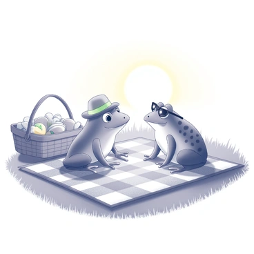 A frog and a toad are sitting on a checkered picnic blanket laid out on the grass. The frog is wearing a small, colorful hat, while the toad has a tiny pair of sunglasses perched on its nose. Next to them is a picnic basket filled with various treats, including sandwiches and fruits. The background shows the sun rising just above the horizon, casting soft light across the scene and illuminating the dewy grass around them. The two characters are engaged in an animated conversation, enjoying the tranquility of the early morning.