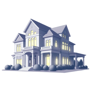 A grand mansion with intricate architectural details and tall, arched windows. The structure features a large entryway flanked by decorative columns, and its facade is adorned with ornamental carvings. Flickering lights illuminate the interior, casting shadows that appear to dance behind the windows. The surrounding grounds include manicured hedges and pathways, adding to the atmospheric presence of the mansion.