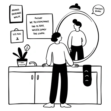 A person standing in front of a large mirror, with their reflection showing a vibrant, energetic version of themselves. The room is filled with motivational quotes displayed on the walls. There are plants in decorative pots on a nearby table, adding life to the scene. The person is wearing comfortable clothing and has their hands resting on the edge of the sink. The mirror reflects a sense of positivity and transformation in the atmosphere.