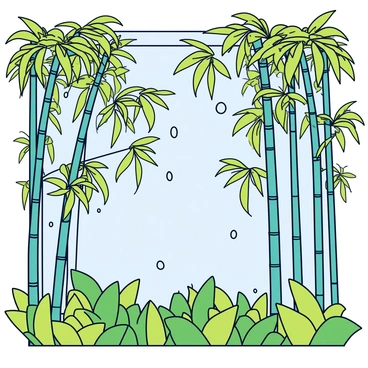 A lush bamboo forest filled with tall, slender bamboo stalks. The leaves are a vibrant green and glisten with droplets of rain. Light droplets are falling from the sky, creating a sense of gentle rainfall throughout the scene. The ground is covered with a carpet of green foliage, and some leaves have droplets clinging to their surfaces. The atmosphere is fresh and alive with the rain enhancing the colors of the bamboo.