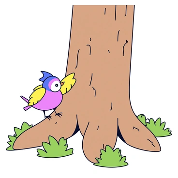 A curious bird with bright feathers is perched on the exposed roots of a large tree. The tree trunk is thick and textured with deep grooves in the bark. The roots are sprawling and intertwined, providing a natural platform for the bird. Surrounding the tree are patches of green grass and small ferns, creating a lively outdoor setting. The bird is looking around, its head tilted slightly as it observes its surroundings.