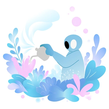 An extraterrestrial being is tending to a garden filled with vibrant alien plants. The being has a smooth, elongated body with a shimmering iridescent texture. It is carefully watering the plants, which display an array of colors including bright blues, soft pinks, and vivid purples. Some plants have unique shapes and sizes, with large petals and glowing fronds. The garden is lush and flourishing, with a variety of textures and forms creating a lively environment. In the background, there are gently glowing orbs floating above the plants, adding to the enchanting atmosphere of this alien garden.