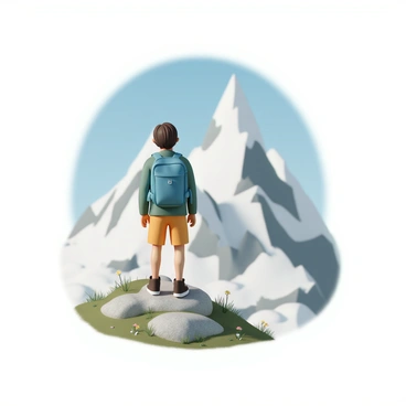 A hiker, wearing a blue backpack, a green jacket, and sturdy hiking boots, stands on a rocky outcrop. The hiker has short brown hair and is looking up in awe at the majestic mountains in the distance. The mountains are snow-capped, with peaks piercing the clear blue sky. The foreground features patches of green grass and scattered wildflowers. The sunlight casts dramatic shadows across the rugged terrain, enhancing the beauty of the landscape.