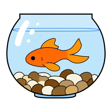 A small, round glass bowl filled with clear water sits on a flat surface. Inside the bowl, a vibrant orange goldfish with flowing fins swims gracefully. The bowl's bottom is covered with smooth, colorful pebbles in various shades of brown, tan, and white. Sunlight filters through the water, casting gentle ripples on the glass and creating a shimmering effect. The goldfish appears lively, exploring its miniature aquatic environment.
