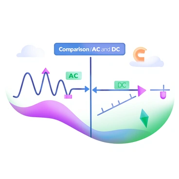A modern pastel illustration depicting a simple line diagram that visually compares "AC" and "DC" currents. On the left side, there is a sinusoidal wave representing "AC" current, with arrows indicating its alternating flow. On the right side, a straight line illustrates "DC" current, with arrows pointing in a single direction. In the center, a label reads "Comparison of AC and DC Currents" in a clear, bold font. Additional elements include color-coded indicators: blue for "AC" and green for "DC."