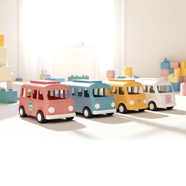 A collection of vibrant toy buses, each in different colors such as red, blue, green, and yellow, is neatly lined up on a soft, textured carpet of a child's playroom floor. The buses vary in sizes and designs, with some having cartoon characters painted on the sides and others featuring simple geometric patterns. Sunlight streams through a nearby window, casting playful shadows on the buses, while scattered building blocks are visible in the background, adding to the playful atmosphere of the room.