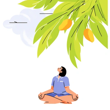 A person with medium-length black hair wearing a light blue shirt is sitting cross-legged beneath a lush green mango tree. The tree has several ripe yellow mangoes hanging from its branches. The person is gazing upward at the clear blue sky, with a few fluffy white clouds drifting lazily by. Sunlight filters through the leaves, casting playful patterns of light and shadow on the ground. A gentle breeze rustles the leaves, creating a serene atmosphere around the scene.