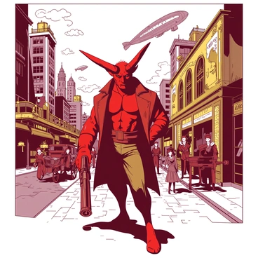 Hellboy adventure in a steampunk city filled with gadgets and airships.