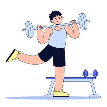 A person wearing a fitted grey tank top and black athletic shorts is performing a standing calf raise. The individual has a focused expression, with their feet placed shoulder-width apart on a gym floor. A barbell rests on their shoulders, held in place by their hands gripping the bar. Their heels are lifted off the ground, emphasizing the muscles in their calves. The background includes a few gym equipment pieces, such as a weight bench and dumbbells.