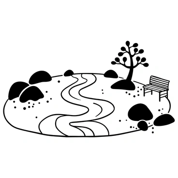 A black-and-white illustration of a zen garden featuring meticulously raked sand creating flowing patterns. Large, smooth stones are strategically placed throughout the garden, with a few scattered smaller pebbles adding texture. There is a simple wooden bench on one side, inviting contemplation. A carefully pruned bonsai tree stands in one corner, adding a sense of balance to the composition.