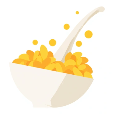 A white bowl tipped at an angle with cornflakes cascading out of the bowl. The cornflakes are golden yellow and have various shapes, creating a dynamic scene. White milk is splashing outwards, forming droplets that glisten in the light. The bowl is positioned against a simple background, emphasizing the action of the splashing cornflakes and milk.