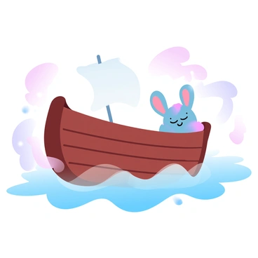 A small wooden boat is floating on a gentle sea with soft, rolling waves. The boat has a polished finish and is equipped with a simple sail. Peeking over the edge of the boat is a whimsical creature, which has a round body covered in vibrant, multicolored fur. The creature has oversized ears and a cheerful expression, adding a playful touch to the scene. The sea is painted in gradient pastel colors, blending shades of blue, pink, and lavender. The sunlight reflects off the water, creating a shimmering effect.