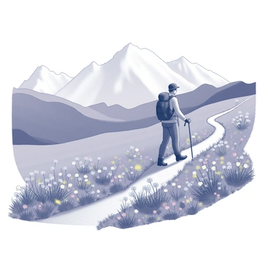 A hiker is walking along a winding trail that cuts through a vibrant field filled with assorted wildflowers. The wildflowers are blooming in clusters, displaying various shapes and sizes. In the distance, tall mountains rise majestically, their peaks capped with snow. The sky above is clear, suggesting a bright day. The hiker is dressed in practical outdoor gear, including a backpack and sturdy boots, and is looking ahead as they continue down the trail.