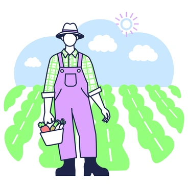 A farmer is standing in a field with rows of green crops stretching into the distance. He is wearing a straw hat and a plaid shirt, with denim overalls. In his right hand, he is holding a small basket filled with a few colorful vegetables, including carrots and tomatoes. His left hand rests at his side. The sun is shining down, casting soft shadows on the ground, and a few clouds are visible in the blue sky above.