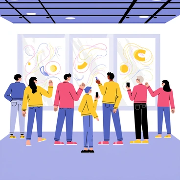 Visitors are gathered in an NYC art space, engaging with a vibrant digital illustration installation. The installation features large screens displaying colorful, animated artwork that flows and changes in response to the viewers' movements. Some visitors are reaching out to touch the screens, while others are standing back, observing the intricate designs. Soft lighting highlights the installation, creating a dynamic atmosphere. A few people are taking pictures with their smartphones, capturing the lively interaction with the art.
