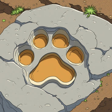 A large, fossilized dog paw print embedded in a rough, ancient rock. The print features clearly defined pads and claws, showing intricate details of the texture. Surrounding the paw print are small cracks and crevices in the rock, giving it an aged appearance. The color of the rock ranges from gray to brown, with some lichen growing around the edges. Sunlight casts soft shadows around the print, highlighting its unique shape and the history it represents.