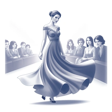 A fashion model twirling in an elegant floor-length gown on a catwalk