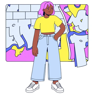 A girl is posing in an urban setting. She is wearing oversized jeans that are light blue in color, with a relaxed fit. The crop top is bright yellow with short sleeves and a round neckline. Her hair is styled in loose waves, and she is wearing chunky white sneakers. The background features a vibrant graffiti wall with various colorful designs.