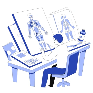 An artist is seated at a cluttered art desk, focused on creating a detailed medical illustration of the human anatomy. The desk is covered with various drawing tools, including pencils, pens, and sketch pads. The artist is drawing a life-sized representation of the human body, showcasing intricate details such as muscles, organs, and skeletal structures. Behind the artist, there are anatomy reference books open, providing additional information. The surrounding environment is filled with art supplies and sketches.
