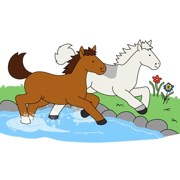 Two cute horses are galloping playfully through a shallow stream. One horse is a chestnut brown, with a shiny coat and a flowing mane, while the other is a white horse with patches of light gray. They are splashing water around, creating droplets that shimmer in the sunlight. The stream is lined with smooth stones, and green grass is growing along the banks. In the background, there are a few colorful flowers adding vibrant pops of color to the scene. The horses appear to be full of energy, their tails swishing as they play together.