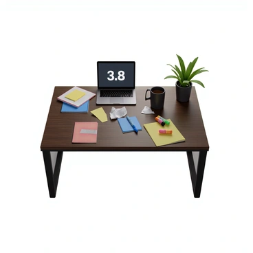 A student's desk made of dark wood, showcasing a variety of colorful notes and papers scattered across its surface. There is a sleek, modern laptop open, displaying the screen with a GPA showing "3.8". A set of highlighters in different colors are also visible alongside crumpled sheets of paper. A coffee mug sits at one corner of the desk, partially filled with a dark drink. A small potted plant adds a touch of greenery to the scene.
