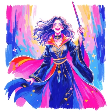 Bellatrix Lestrange stands confidently in a victorious pose with her wand raised high. She has long, wild black hair that cascades down her back. Her expression is fierce, showcasing a wide smile filled with triumph. She is wearing a dark, flowing robe that billows around her, adorned with intricate details. The background is filled with shadows, enhancing her commanding presence in this moment of victory.