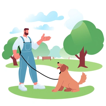 A dog trainer is standing confidently in a green park, dressed in a casual outfit. The trainer is holding a training leash in one hand while gesturing with the other hand to give commands. The well-behaved dog, a golden retriever, is sitting attentively at the trainer's feet, with its ears perked up and tail wagging. The park is filled with lush trees and a few scattered benches in the background. A bright blue sky complements the scene, and sunlight filters through the leaves, casting soft shadows on the grass.