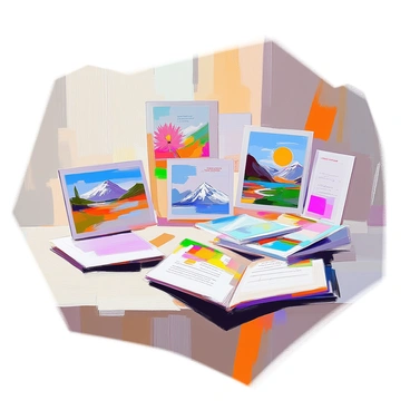 A collection of colorful postcards arranged on a wooden table. Each postcard displays a unique artistic design, featuring vibrant illustrations, patterns, and messages. The cards vary in size and shape, creating an eclectic but harmonious display. Some postcards showcase landscapes with mountains and rivers, while others feature abstract art or floral designs. The table surface is slightly textured, allowing the bright colors of the postcards to stand out vividly against it. Sunlight gently reflects off the glossy surfaces of the postcards, enhancing their colors and details.