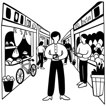 A vintage Barbie doll dressed in a classic outfit, holding a vintage camera in her hands. She is standing amidst a bustling street market filled with various stalls selling fruits, vegetables, and handmade crafts. Colorful fabrics and decorations hang from the stalls, while shoppers and vendors interact around her. A bicycle is parked nearby, and there are potted plants along the pathway. The atmosphere is vibrant, filled with the energy of a lively market scene.