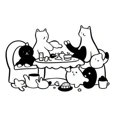 A cat sitting on a soft chair, surrounded by various plush toys, each representing a different animal. The toys are arranged around a small table covered with a delicate lace tablecloth. On the table, there are miniature tea cups and a teapot, all in a whimsical design. The cat is playfully reaching out towards one of the plush toys, as if inviting it to join the tea party. A few scattered crumbs and a small plate with a cupcake sit on the table, adding a touch of festivity to the scene.