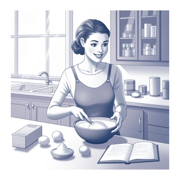 A young woman, resembling a character named "Bella Swan," is standing at a kitchen counter, engaged in a baking class. She is mixing ingredients in a large bowl with a wooden spoon, displaying an expression of excitement and concentration. The kitchen is well-equipped, featuring cabinets filled with baking tools and ingredients. Sunlight streams through a window, illuminating the cheerful atmosphere. Various baking items, such as flour, sugar, and eggs, are scattered around the counter, contributing to the lively scene. There is also a recipe book open nearby, providing guidance for the baking process.
