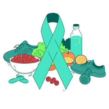 A teal awareness ribbon for liver health is prominently displayed at the center of the image. Surrounding the ribbon are various healthy foods, including a green leafy salad, a bowl of bright red cherries, and slices of orange citrus fruits. There are also icons representing a healthy lifestyle, such as a pair of running shoes, a water bottle, and a dumbbell, all arranged harmoniously around the ribbon. The overall composition emphasizes the importance of liver health through vibrant colors and lively elements.