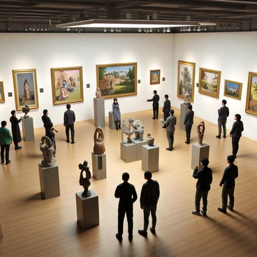 A spacious gallery filled with various artworks on display. The walls are adorned with vibrant paintings, each framed elegantly and showcasing a mix of styles and colors. In the center of the room, several sculptures are strategically placed on pedestals, highlighting their intricate details and textures. Visitors can be seen walking around, admiring the art, and engaging in discussions. Soft lighting illuminates the pieces, creating a warm and inviting atmosphere. Each artwork is labeled with a small placard showing the title and artist's name.