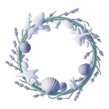 A circular wreath composed of intertwined green vines. The wreath is adorned with various seashells, including scallops and conchs, placed evenly around its circumference. Starfish, some whole and others partially embedded among the shells, are positioned prominently. Coral pieces, textured and branching, add depth to the arrangement. Sprigs of sea lavender, slender and delicate, are interspersed throughout the wreath, enhancing its natural look.